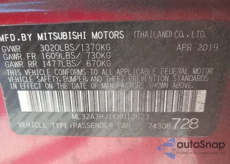 2019 Mitsubishi Mirage Es z USA, uszkodzony, nr VIN ML32A3HJ1KH012623